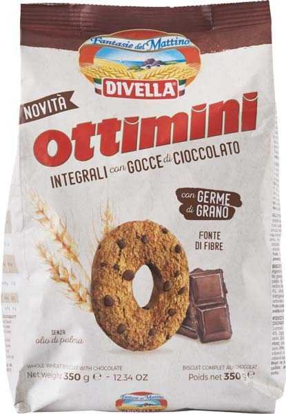 Divella цельнозерновое печенье Ottimini с шоколадом, 350 г