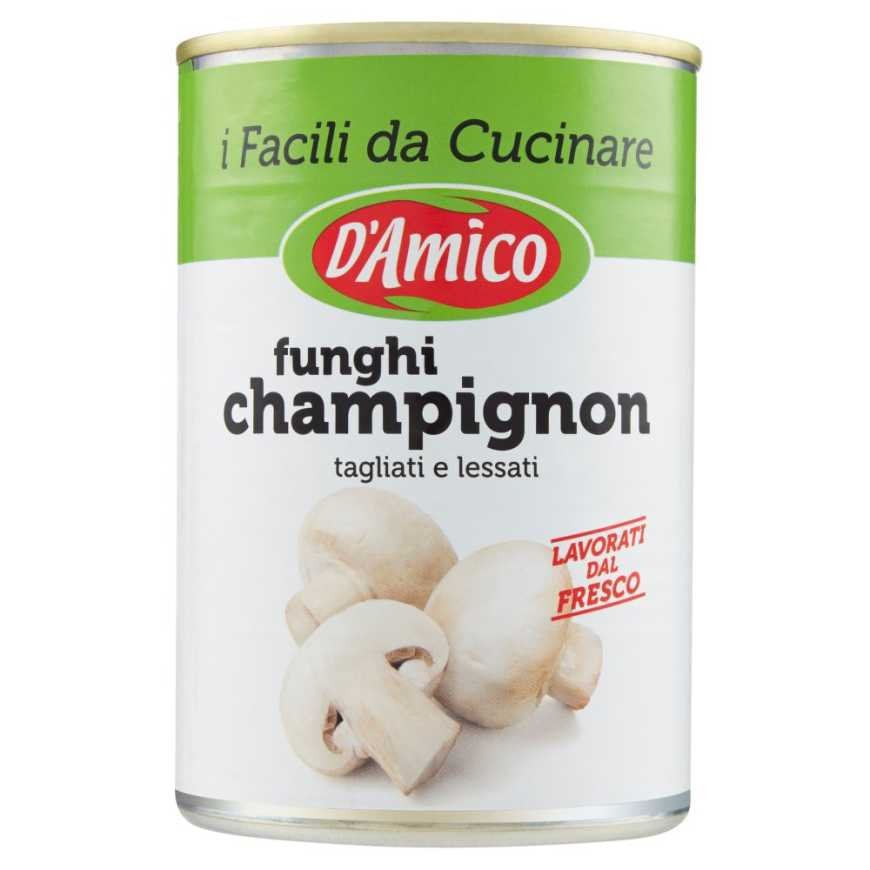 D'Amico грибы шампиньоны резаные в жестяной банке, 400 г