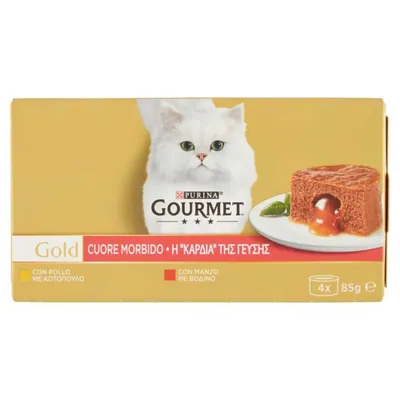 Purina Gourmet Gold консервы для кошек с мягким сердцем, с говядиной и курицей, 4 × 85 г