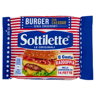 Sottilette cheddar processed cheese slices for burgers, 370 g