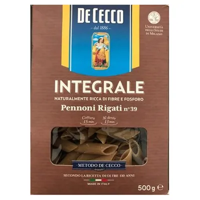 De Cecco цельнозерновые макароны пеннони ригати №39, 500 г