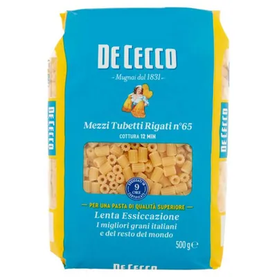 De Cecco Mezzi Tubetti Rigati n.65, 500 g