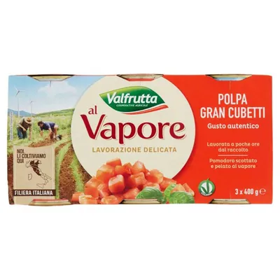 Valfrutta томатная пульпа кубиками Gran Cubetti, приготовленная на пару, 3 × 400 г